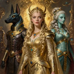 A fantasy book style portrait painting of a hybrid Anna Kendrick, Anya_Taylor-Joy as a Mystical Valkyrie, Anubis-Reptilian, Atlantean Warrior, François Boucher, Oil Painting, unreal 5, DAZ, hyperrealistic, octane render, Regal, Refined, Detailed Digital Art, RPG portrait, William-Adolphe Bouguereau, Michael Cheval, Walt Disney (1937), Steampunk, Volumetric Golden dappled dynamic lighting, Highly Detailed, Cinematic Lighting, Unreal Engine, 8k, HD