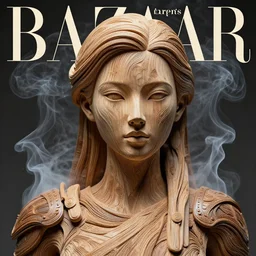 A sculpture made of smoke and wood, portrait, female, future warrior, Harpers Bazaar, Vogue magazine, insanely detailed and intricate, concept art, close up, clear face