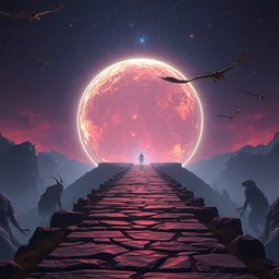 a straight stone pathway through a giant round glimmering portal, otherworldly creatures walking and flying, vast vibrant night sky!!!, high sci - fi fantasy monsters, cryengine 8 k render, environment character art by world of warcraft mass effect dnd overwatch dark souls, cinematic, warm color palette