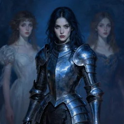 a beautiful woman dark hair in an armor with dark eyes, elegant, dark blue, ethereal horror fantasy art by greg rutkowski and magali villeneuve and claude monet
