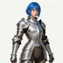 muscular young female warrior in knight armor, short blue hair, fantasy, art by joseph leyendecker, peter mohrbacher, ruan jia, finnian macmanus, marc simonetti, dean cornwell, ayami kojima, vasnetsov, cedric peyravernay, alphonse mucha