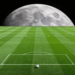 a photo of a green soccer pitch on the moon, extreme long shot, photorealistic