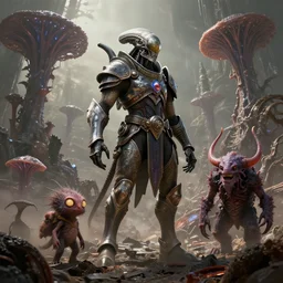 by artgerm and agostino arrivabene, visually stunning, cinematic, ultra realistic, hyper realism, epic, octane render, unreal engine, vfx, maya, alien space knight, destroyed planet, fungal enchanter, murloc tinyfin, dread infernal, wee whelp, battle ram