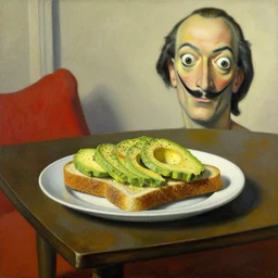 avocado on toast on a coffee table by salvador dali, oil on canvas