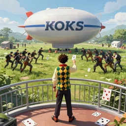 A joker stands on the observation deck of a dirigible, facing a combat formation, ready to use playing cards in the following stage.
