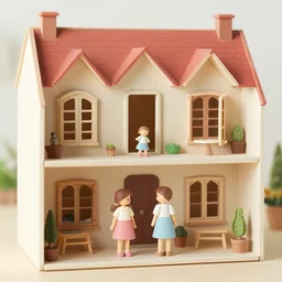 family in front of cutaway dollhouse
