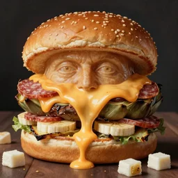 a amazing new surrealist hybrid of the pope mixed with an anthropomorphic cheeseburger made of the popes face by giuseppe arcimboldo and kandinskali and catrin welz - stein, melting cheese, steamed buns, grilled artichoke, sliced banana, salami, milk duds, licorice allsort filling