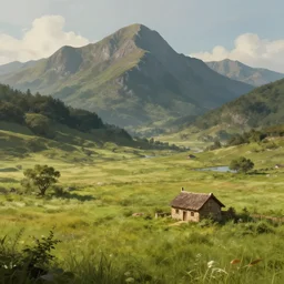 Grassy fields with large mountains in the distance, small cottage in the foreground, landscape wallpaper, d&d art, fantasy, painted, 4k, high detail, sharp focus