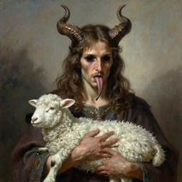 a detailed fantasy character painting of Klaus Schwab with devil horns on his head, he has a forked tongue like a snake and black eyes, holding a lamb, dressed like Jesus Christ, by lauri blank, artgerm, evelyn de morgan, 8K, 50mm lens