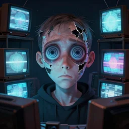 depraved and broken with spiral eyes with tvs all around him channeling mind control frequencies towards him. of mind in the style of ben garrison and wil hughes, trending on artstation, ultra 8 k