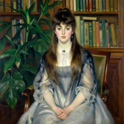 vintage beautiful painting of a beautiful woman in a beautiful library with plants in mary cassatt style