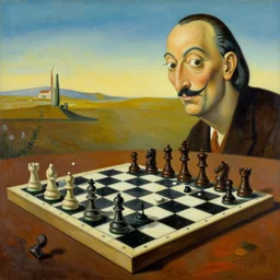 painting of chess board in surreal landscape in the style of Salvador Dali