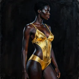 sc - fi movie poster from 6 0's, black thick dejah thoris seen from the side, gold bikini armor, acrylic painting, by leyendecker