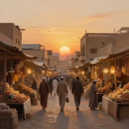 a digital painting of a bazaar in the middle east, extremely detailed, matte painting, sunset, warm colors