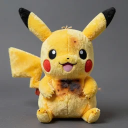 burned pikachu plush toy after a fire, the pikachu toy is burnt