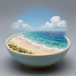 a beach and ocean and sky in a ceramic bowl, hyper realistic, highly detailed, photorealism, microcosm, diorama