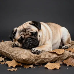 adorable pug who is sleeping on a pillow made of dry leaves in a dark forest, detailed illustration in dotted, black and white, in the style of gustave dore's dante's inferno