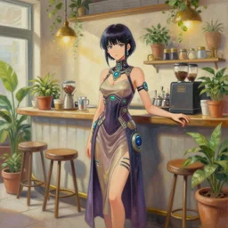 aztec scifi barista in a well - lit cafe with potted plants, wearing a lovely dress with cyberpunk elements. this oil painting by the award - winning mangaka has an interesting color scheme and impeccable lighting.