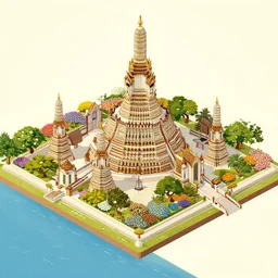 isometric view, asiam temple, colourful flowers, river, detailed, trending on artstation