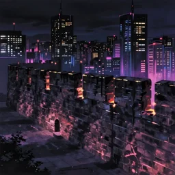 city wall in the atmospheric cyberpunk anime film, gouache matte background painting, neon noir, at night with lights, by makoto shinkai, in the anime series ergo proxy, beautiful specular edge highlights and rim lighting