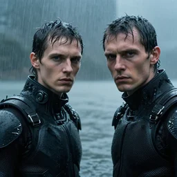 cinestill 5 0 d candid photographic portrait by helen levitt of two european male androids wearing rugged black mesh techwear in treacherous waters, extreme closeup, modern cyberpunk moody depressing cinematic, pouring rain, 8 k, hd, high resolution, 3 5 mm, f / 3 2, ultra realistic faces, ex machina