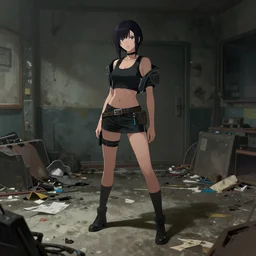 a woman standing in a dirty room with a lot of debris on the floor, cyberpunk art by lawrence harris, cgsociety, context art, anime aesthetic, official art, ilya kuvshinov