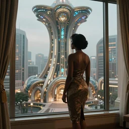 horizontal view, photo of elegant Black woman wearing a cocktail dress, her back to us, looking out a large window at a Luxury Monumental Futuristic city in Art Nouveau Architecture, film noir lighting, octane render, cinematic, photographic, realistic, highly detailed