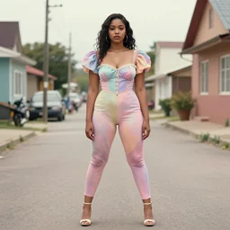 still from music video of a gorgeous young woman from die antwoord standing in a township street, street fashion clothing,! haute couture!, full figure painting by martine johanna, njideka akunyili crosby, rossdraws, pastel color palette, 2 4 mm lens