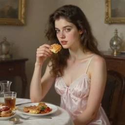 perfectly - portrait of a beautiful lady wearing night gown having a breakfast, intricate, highly detailed, digital painting, artstation, concept art, smooth, sharp focus, illustration, realism, oil painting, unreal engine 5, 8 k, art by artgerm and dave rapoza and sam spratt