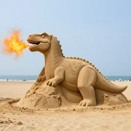 a photo of a sand sculpture on the beach, the sand sculpture is shaped like a dinosaur and is breathing fire, 4k, highly realistic