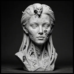 a 3 d stone render portrait of a cyborg machina - nymphette by tony diterlizzi and h. r giger, ilford hp 5, 5 5 mm, hyper realistic, hyper - mechanistic by artgerm, tomasz alen kopera, peter mohrbacher, hyper - goth, horror - core, joseph christian leyendecker