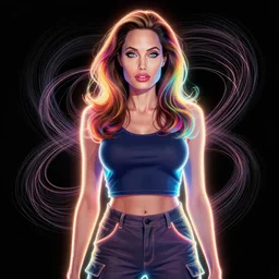 a award winning half body portrait of a angelina jolie with stunning eyes in a croptop and cargo pants with rainbow colored hair, outlined by whirling illuminated neon lines and fine lines swirling in circles by jesper ejsing and rhads and makoto and shinkai and lois van baarle, digital art, trending on artstation