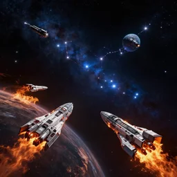 spaceships on fire off the shoulder of the orion constellation, high detail, trending on artstation, 4 k