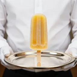 a luxurious golden popsicle served on a fine silver platter by a butler, professional photograph