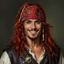 portrait of a young ruggedly handsome but joyful pirate, male, masculine, upper body, red crimson hair, long long flowing hair, fantasy, proud smirk, intricate, elegant, highly detailed, digital painting, artstation, concept art, matte, sharp focus, illustration, art by artgerm and greg rutkowski and alphonse mucha