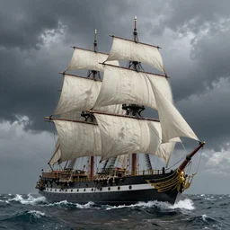 sail frigate in storm sea, unreal engine realistic render, 8 k, micro detail, intricate, elegant, highly detailed, centered, digital painting, artstation, smooth, sharp focus, illustration, by ivan aivazovsky