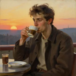 attractive man drinking coffee, sunset, painting by gaston bussiere, j. c. leyendecker, tom of finland, trending on artstation