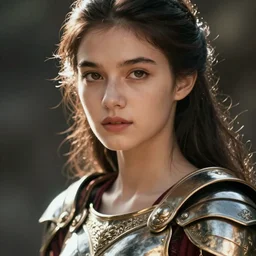 close - up portrait of beautiful young woman dressed gladiator with metallic armor, art by luc besson