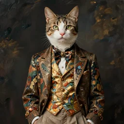 Full body portrait of a pretty catboy in his twenties in fancy clothes. Art by Greg Rutkowski and Alphonse Mucha