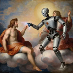 mechanical robot is touching a human with lightning fingers, they are both on clouds, classical religious painting from 1 6 th century