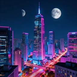 neon sci - fi city, modern city, neon colours, high saturation, high def, 8 k, hd, two moons on night sky,