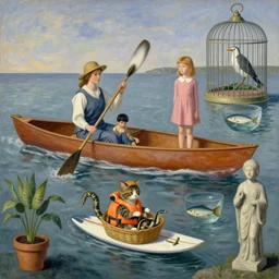a woman in a canoe, a boy on a raft, a girl on a surfboard, a cat in a life jacket, a snake in a basket, a bird in a cage, a fish in a bowl, a plant in a pot, a statue, zen, surrealist, by magritte and monet