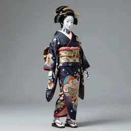 full body portrait of a Japanese robot geisha with kanji tattoos and decals wearing a digital pixelated kimono, intricate design, photorealistic, ultra fine detailed, character design, trending on artstation
