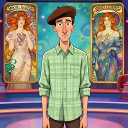 extremely detailed illustration of a thin guy with a big nose and an overbite wearing a brown beret and a palid green plaid shirt stand up participating on a tv show, coloful, vibrant colors, symmetrical, anatomically correct, Trending on Artstation, HQ, deviantart, style hybrid mix of beeple+Anton Pieck+Jean Delville+ Amano,Yves Tanguy+ Alphonse Mucha+ Ernst Haeckel+ Edward Robert Hughes+Stanisław Szukalski