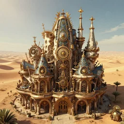 Photo of epic steampunk clockwork city, designed by Antoni Gaudi, desert scenery, intricate details, artstation, cgsociety, 8k
