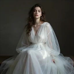 a wonderful realistic portrait of a lonely woman who is dressed with a wonderful, majestic, large semi transparent white cotton dress, accent white lighting, dramatic light, octane render