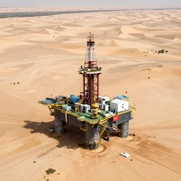 A massive ocean oil rig in the middle of the sahara desert, dried lake, arid, aerial view