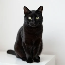 photograph of a black cat sitting in a white room