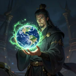 A mage, holding a magical glowing energy ball that is Earth, digital art, trending on ArtStation