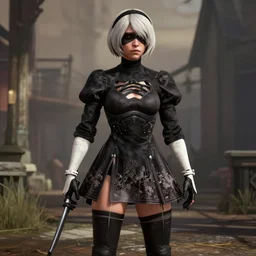 Film still of 2B nier automata in a Town from Red Dead Redemption 2 (2018 video game), safe for work, medium full shot, detailed skin and thick thighs, artstation, artstation hq, hd, 4k